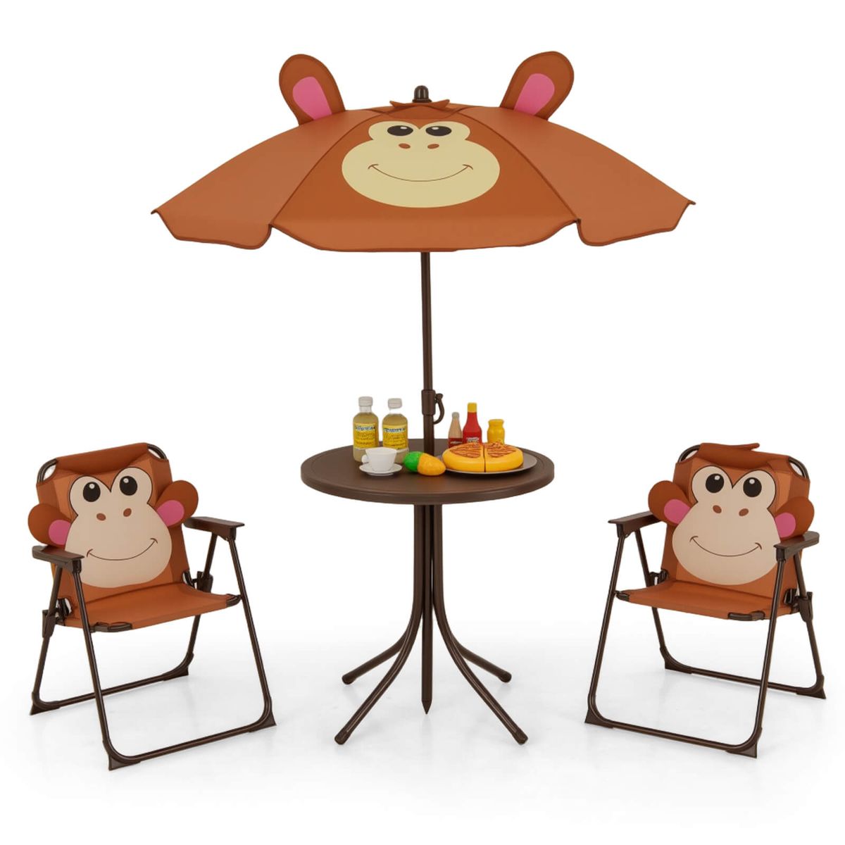 Kids' Picnic Table & Chair Set with 2 Folding Chairs & Umbrella - Kids Picnic Set-Brown