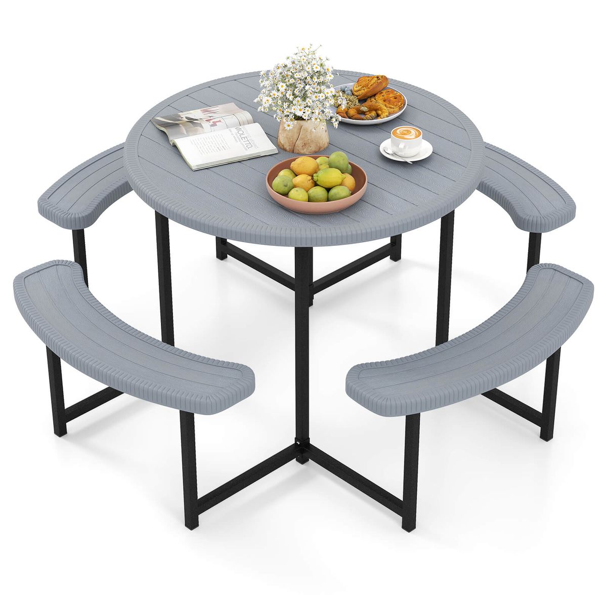 Round Picnic Table Set with 4 Curved Benches and 1.57"" Umbrella Hole - Table Bench-Gray