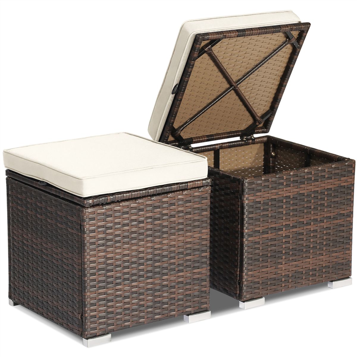 Patio Rattan Ottomans with Hidden Storage Space (Set of 2) - 2PCS Patio Ottomans WH