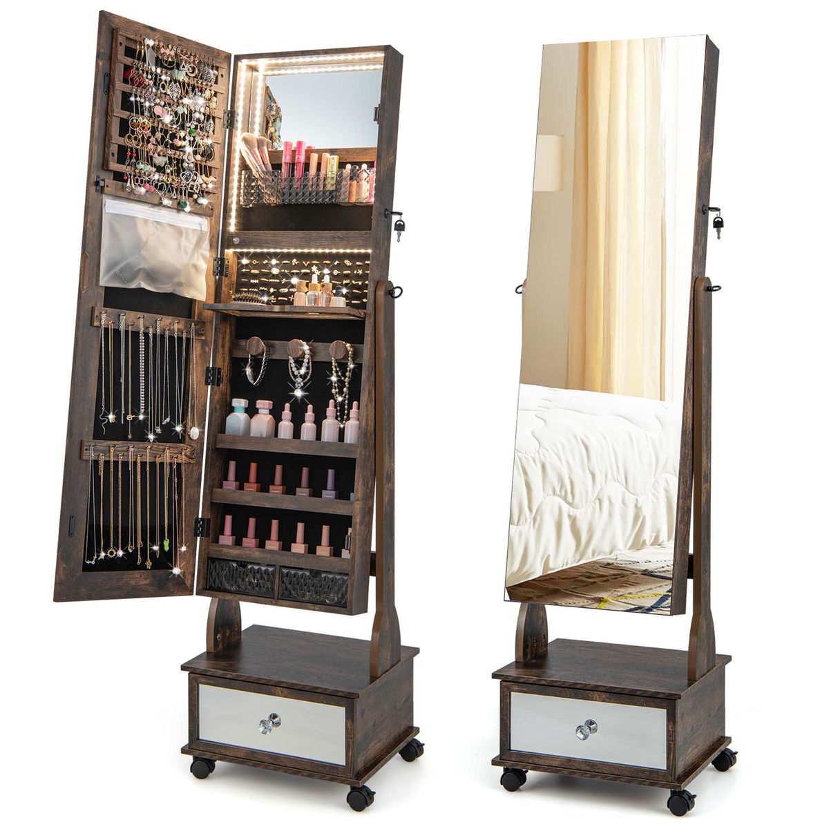37-Inch Lockable Jewelry Cabinet Armoire with 3-Color LED Lights - Jewelry Cabinet BN