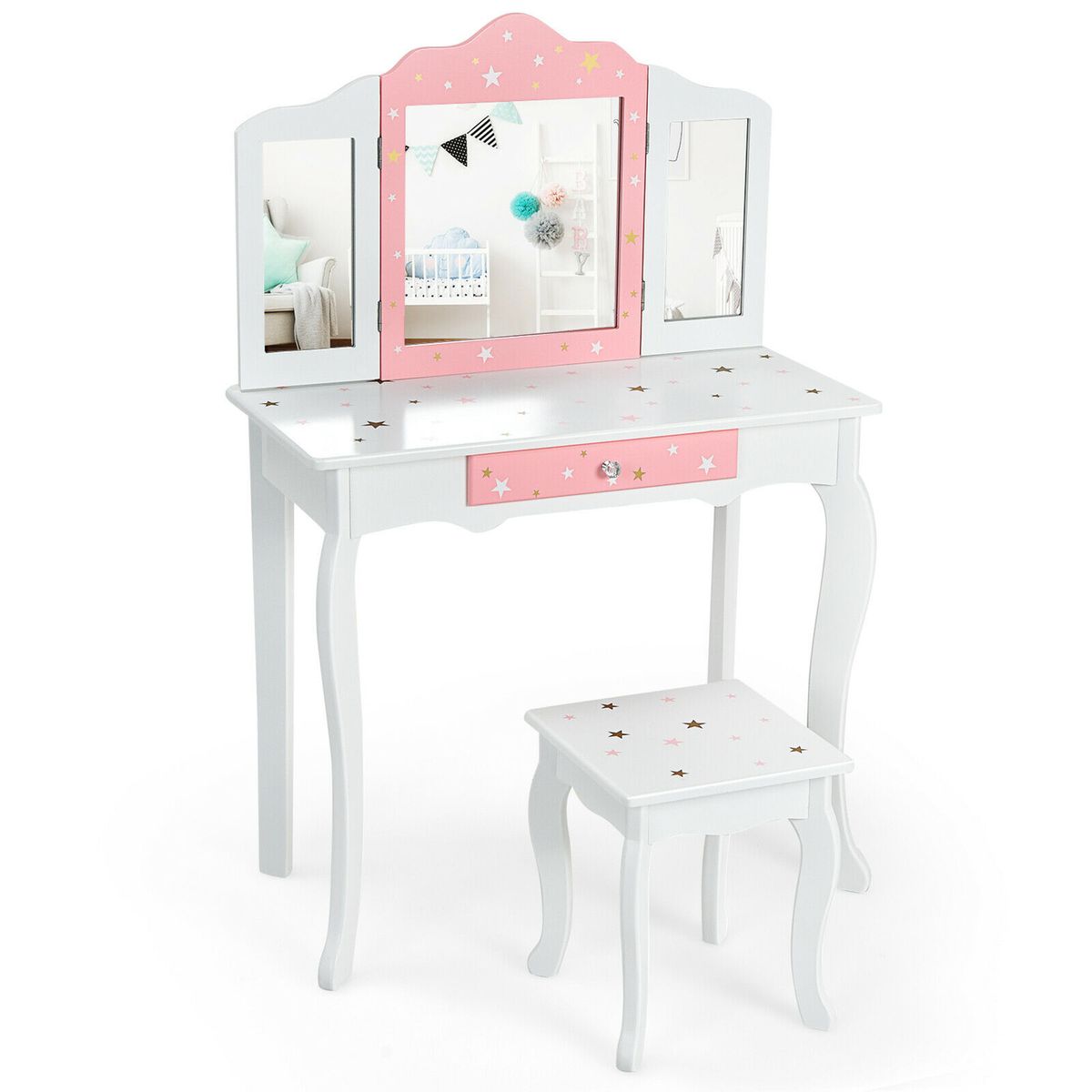 Kids' Princess Vanity Table & Stool Set with Tri-Folding Mirror & Drawer - Kids Vanity WH
