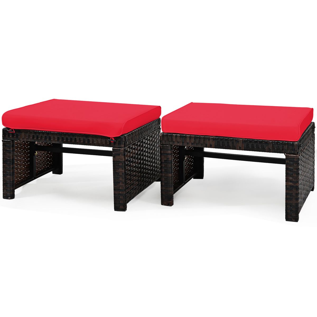 Patio Rattan Ottomans with Soft Cushion for Patio and Garden (2-Pack) - Red