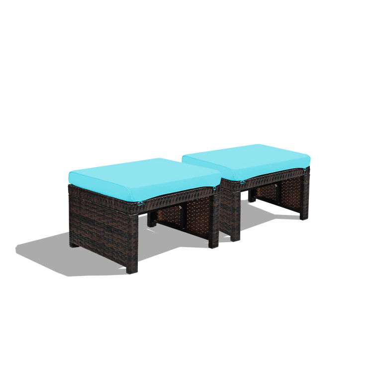 Patio Rattan Ottomans with Soft Cushion for Patio and Garden (2-Pack) - Turquoise