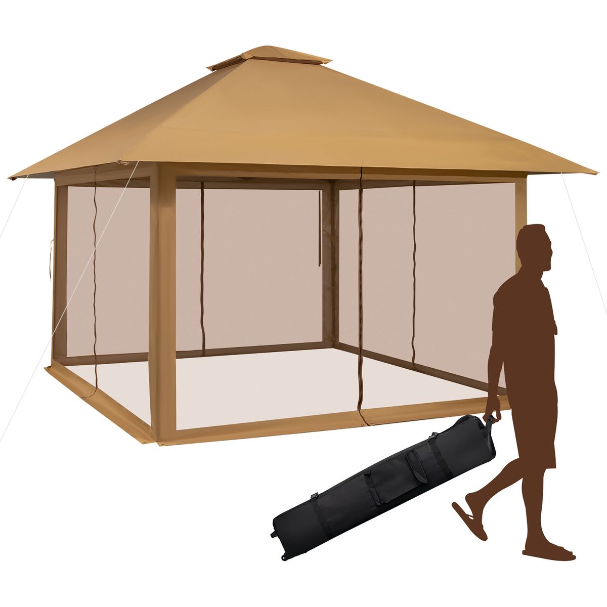 13 x 13-Foot Pop-up Instant Gazebo Canopy Tent with Mesh Sidewall - Khaki