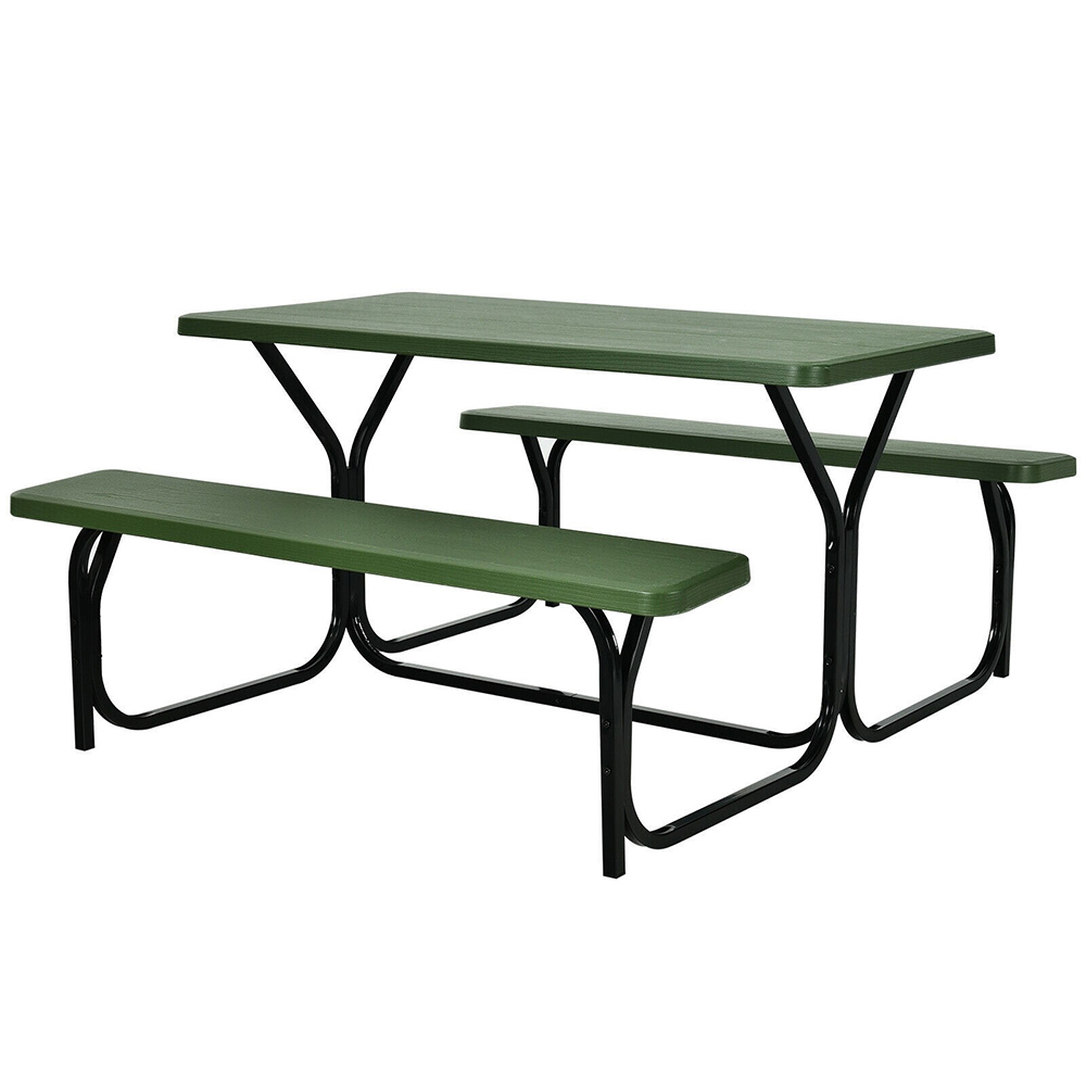 All-Weather Outdoor 54-Inch Picnic Table Bench Set with Metal Base - Green