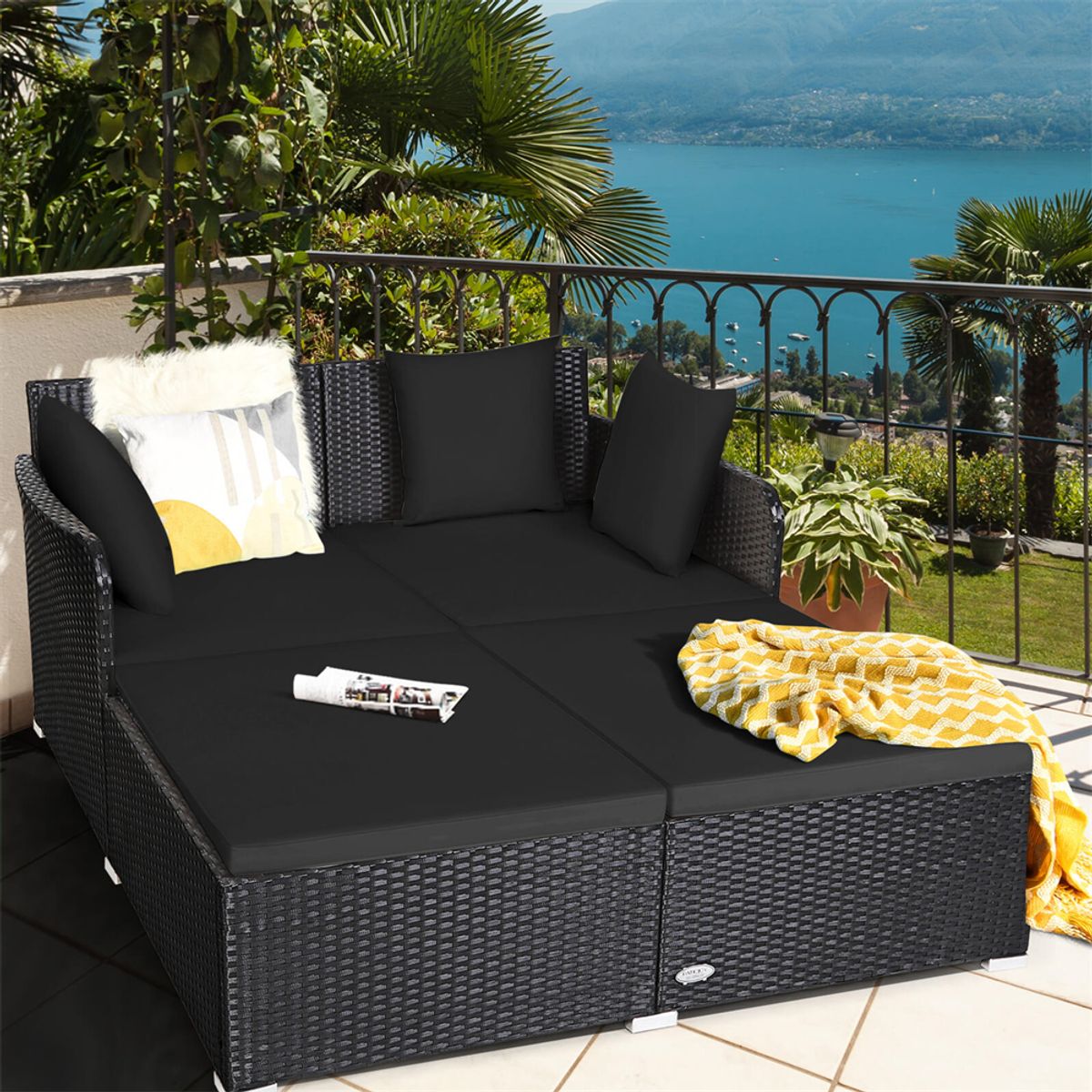 Cushioned Outdoor Patio Rattan Daybed - Patio Rattan- Black