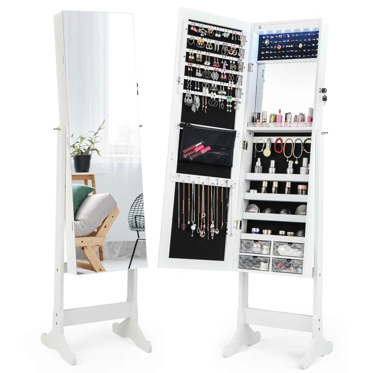 Full-Length Free-Standing Mirror Jewelry Armoire with Lights - Armoire White