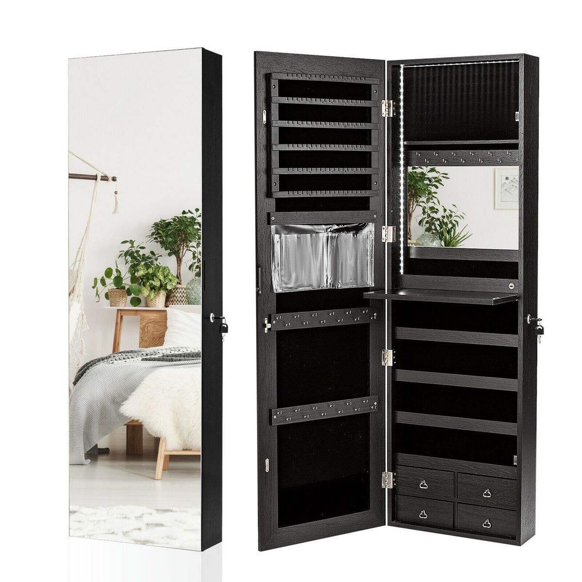 Wall- or Door-Mounted LED Mirror Jewelry Cabinet - Black Interior