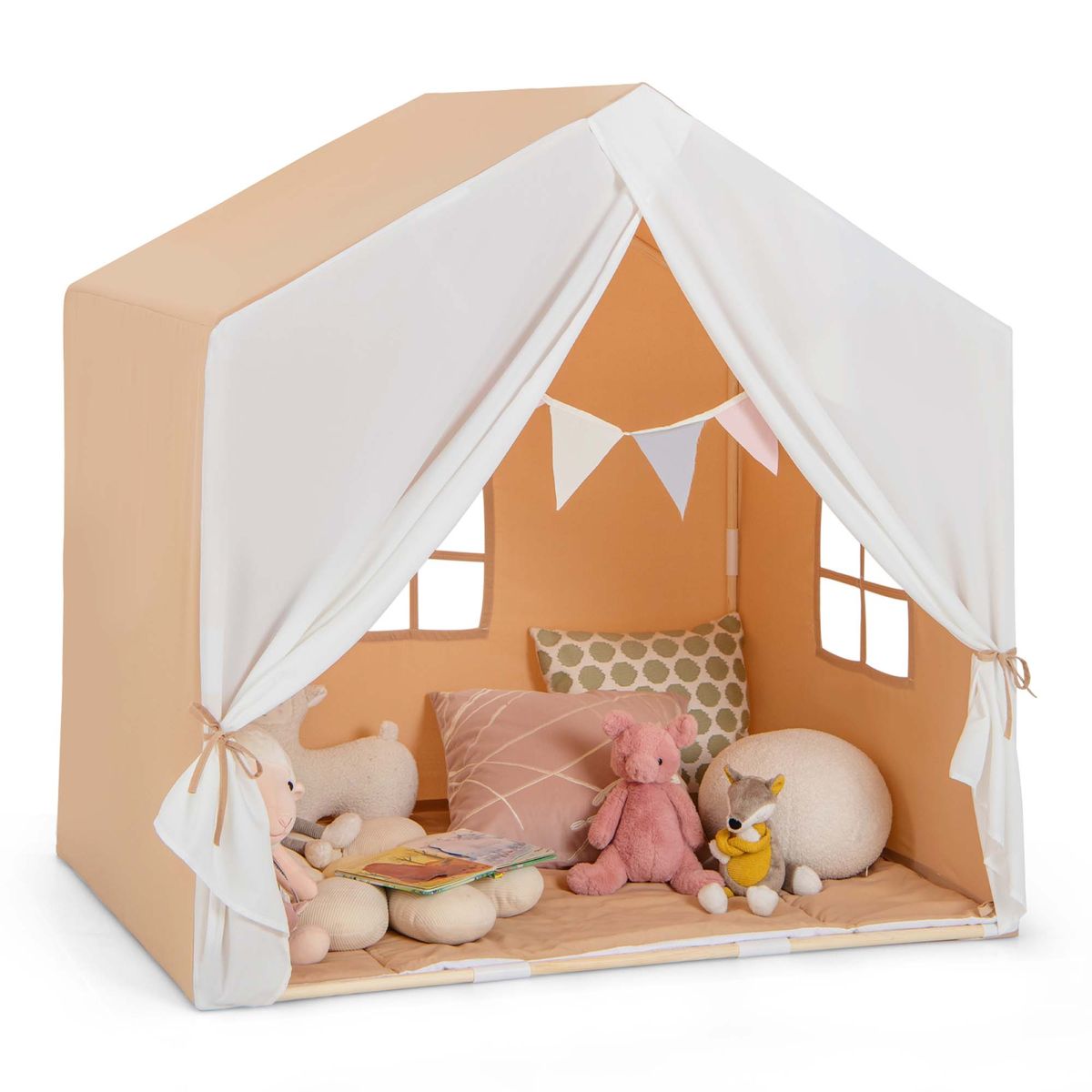 Kids' Play Tent with Washable Cotton Mat & Flag Banner - Orange
