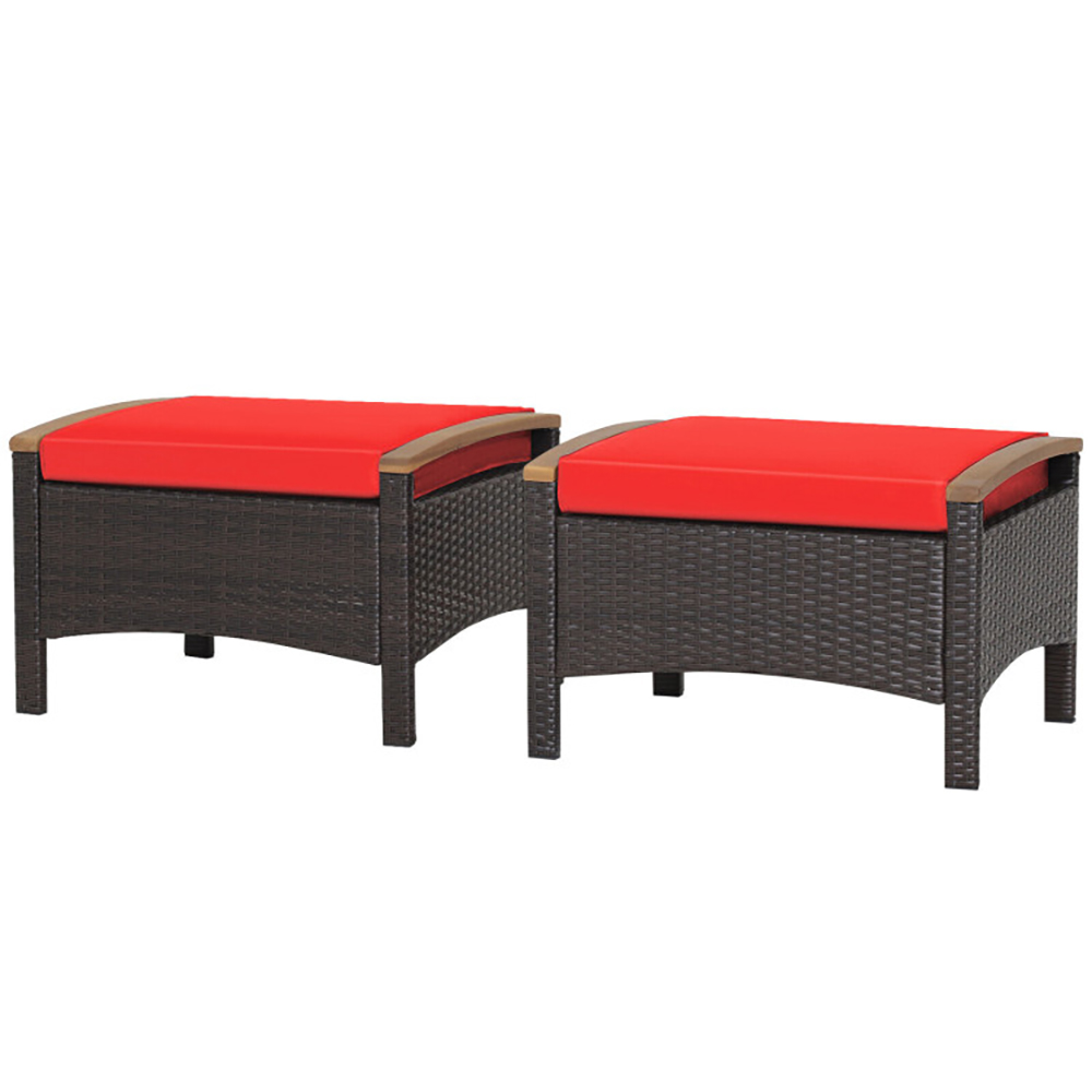 Patio Rattan Ottomans (Set of 2) - Outdoor Wicker Footstool RE