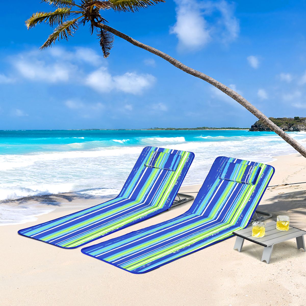 3-Piece Beach Lounge Chair Mat Set - Beach Mat Stripe w/ Table