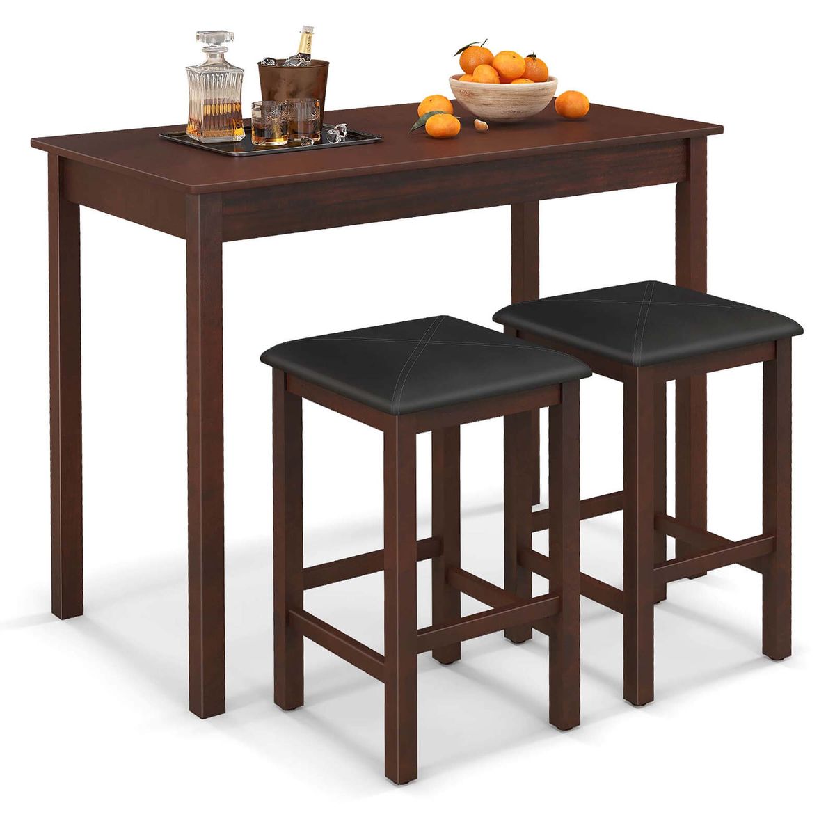 3-piece Bar Table Dining Set and Bar Stools - Brown+Black