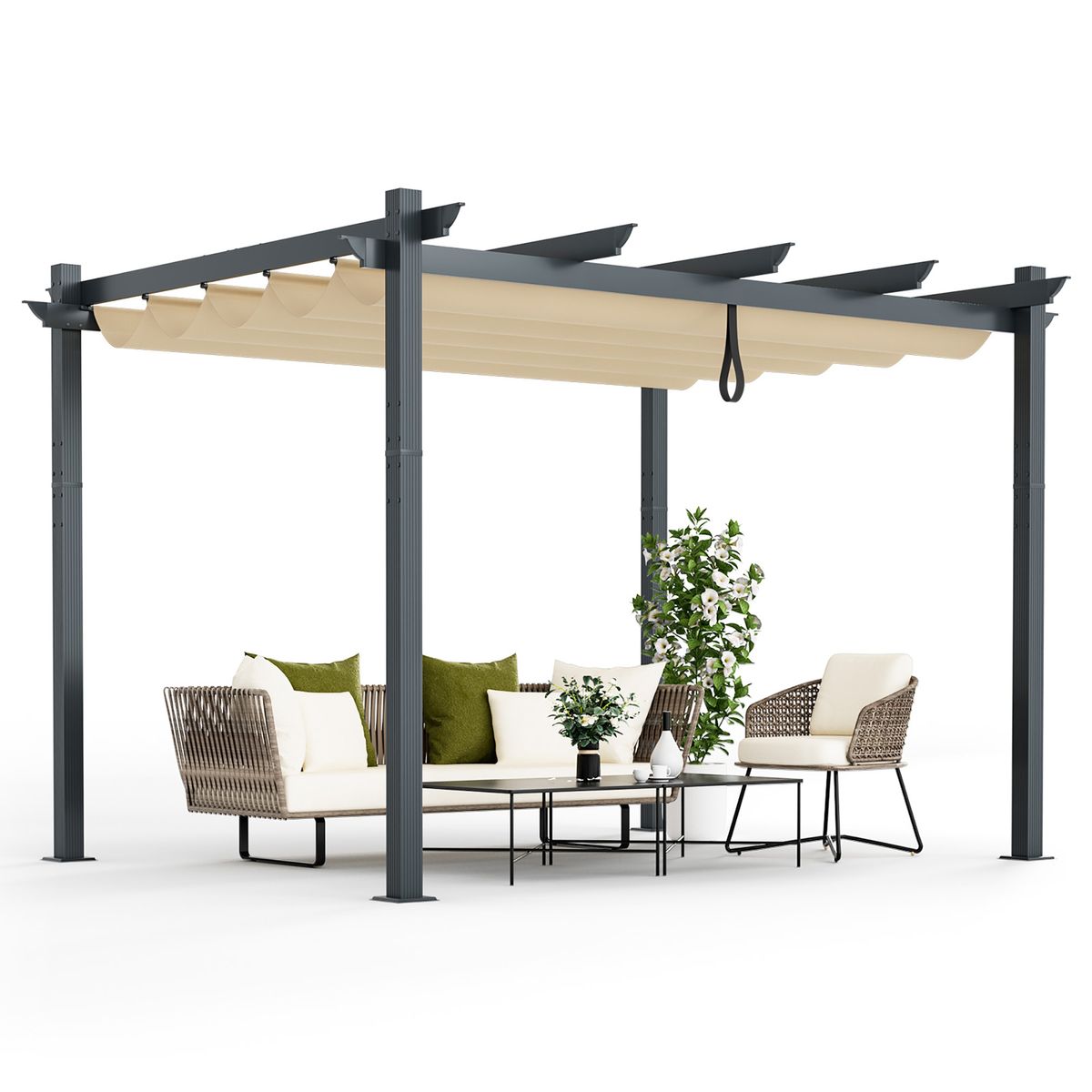 10 x 12-Foot Outdoor Aluminum Retractable Pergola Canopy - Trellis Beige