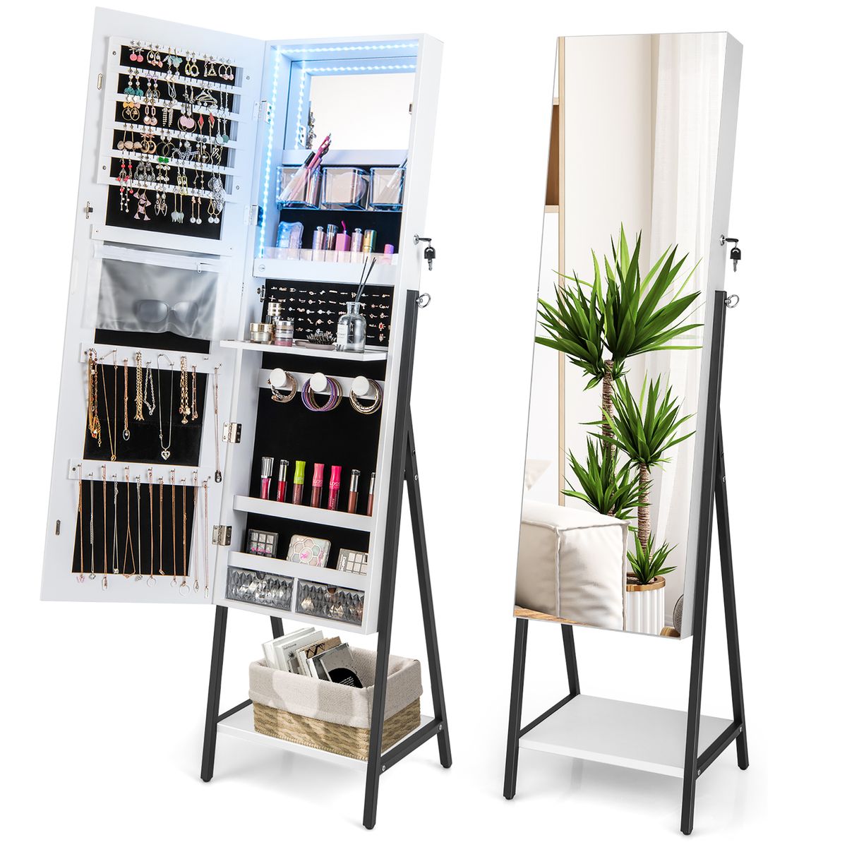 Freestanding Jewelry Cabinet with Full-Length Mirror - Cabinet Lockable WH
