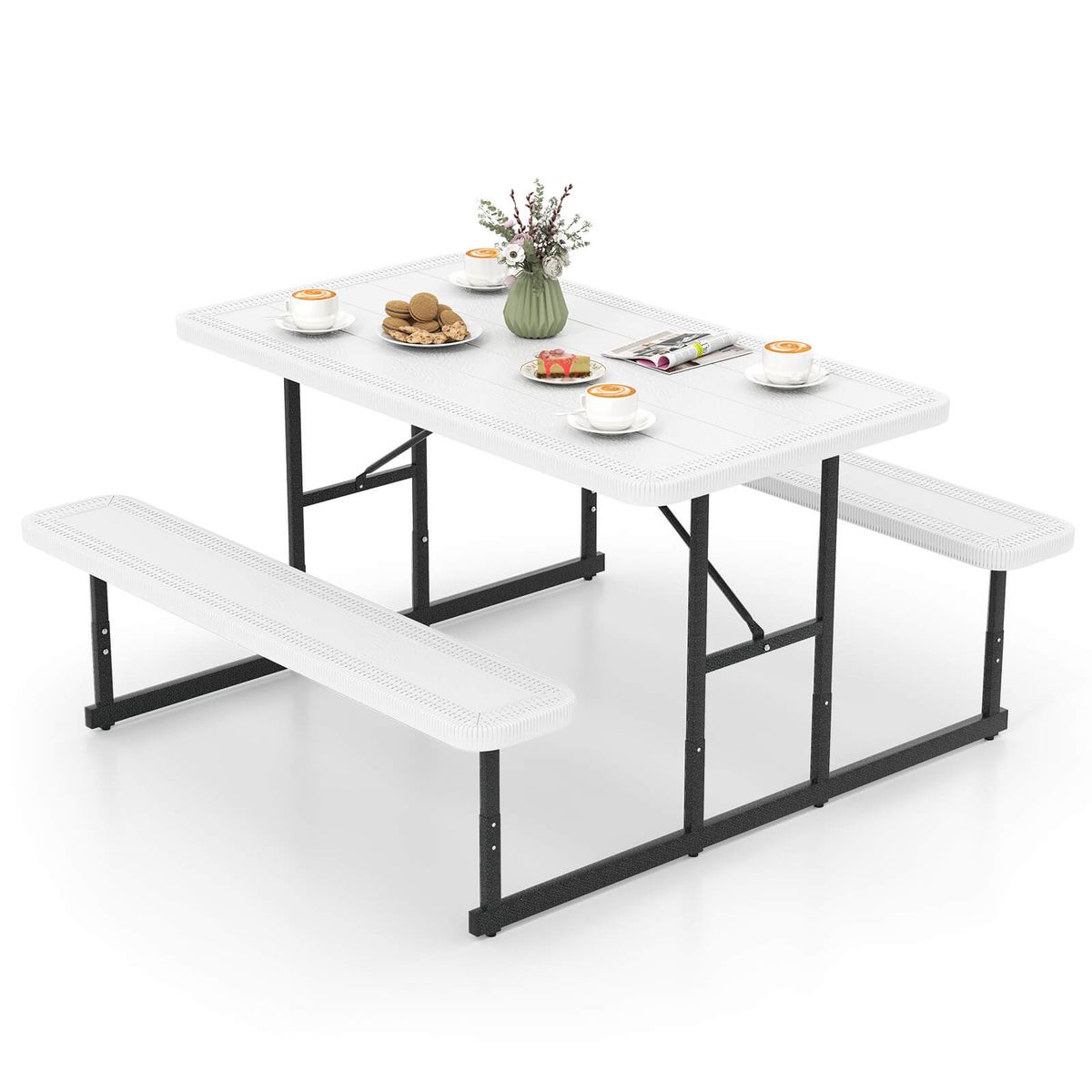 Picnic Table for 2-4 People with Adjustable Footpads and Umbrella Hole - White
