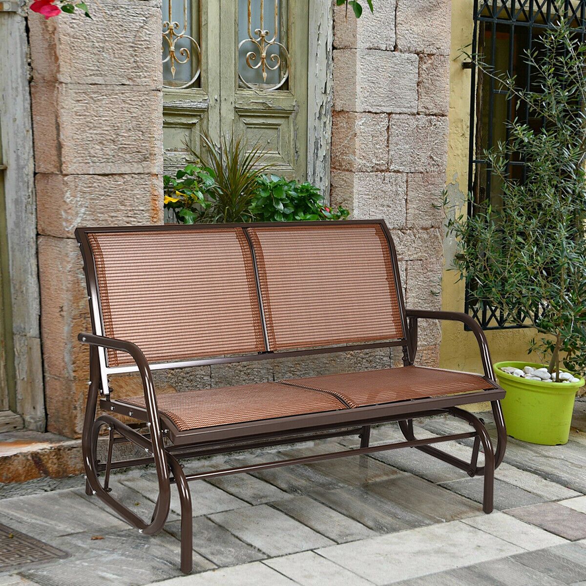 Spacious Steel-frame Patio Glider - Glider Bench-Brown
