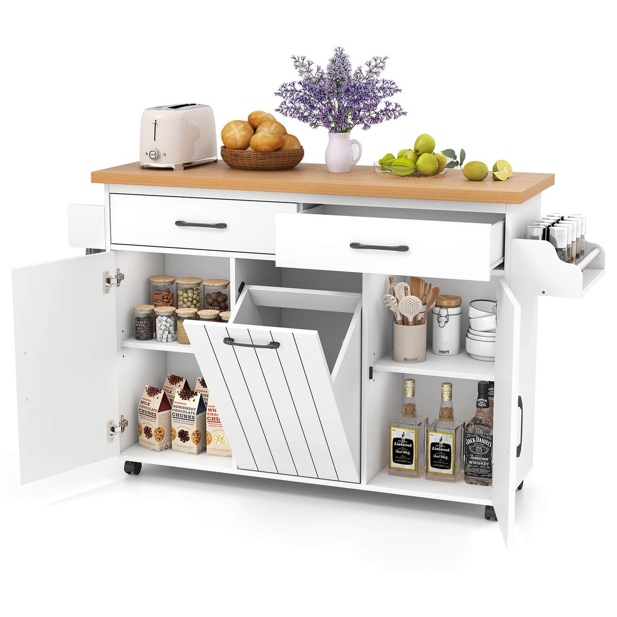 Rolling Kitchen Island Cart with Built-In Spice Rack and Towel Bar - White