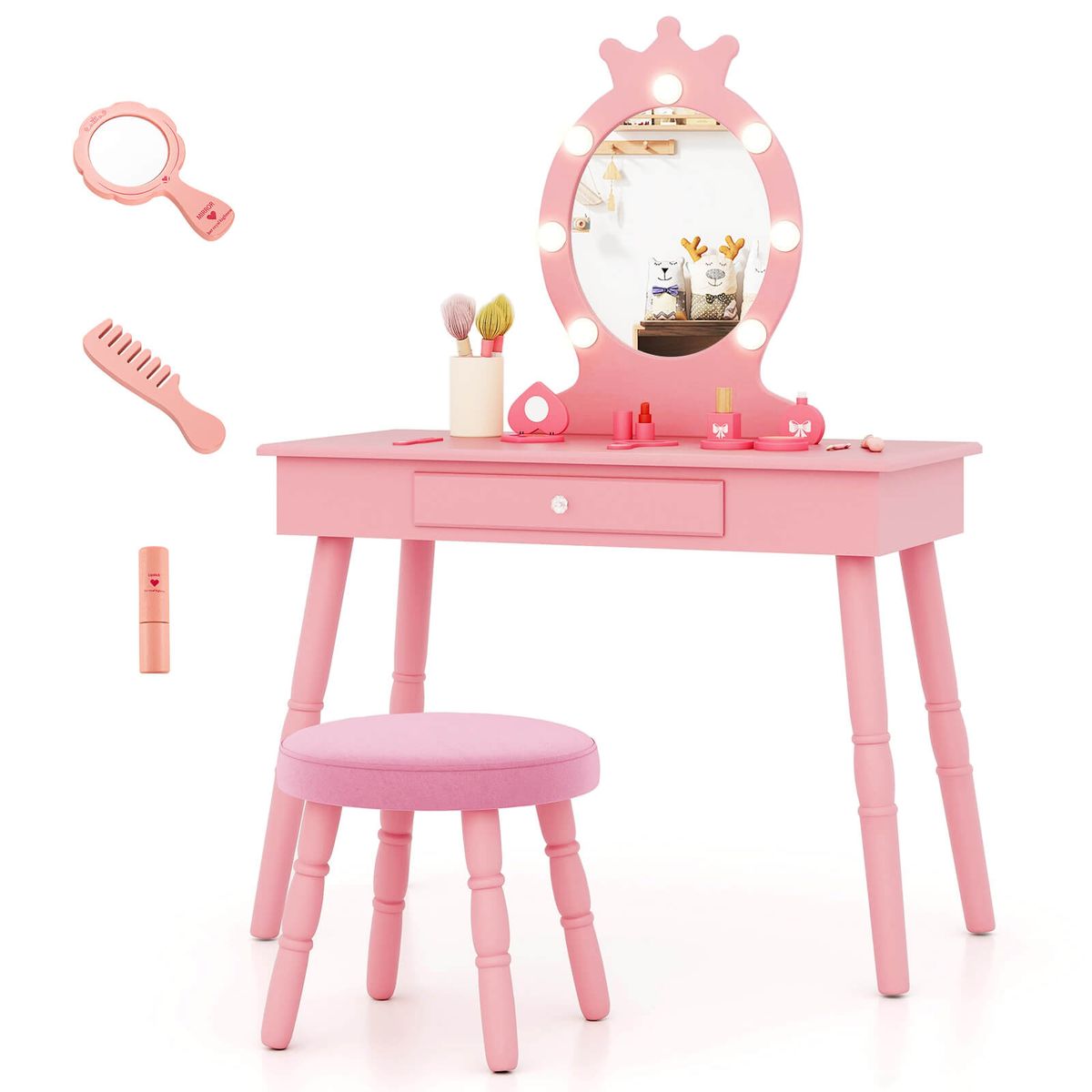 Princess Vanity Table and Chair Set with Lighted Mirror - Pink