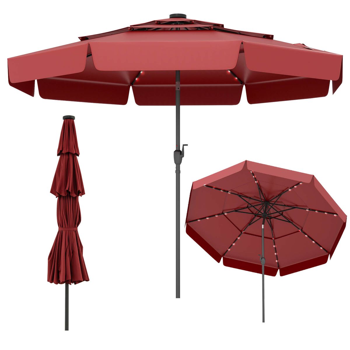 10-foot Solar Patio Umbrella with 3-Tier Vented Top and 32 LED Lights - Patio Umbrella-Red