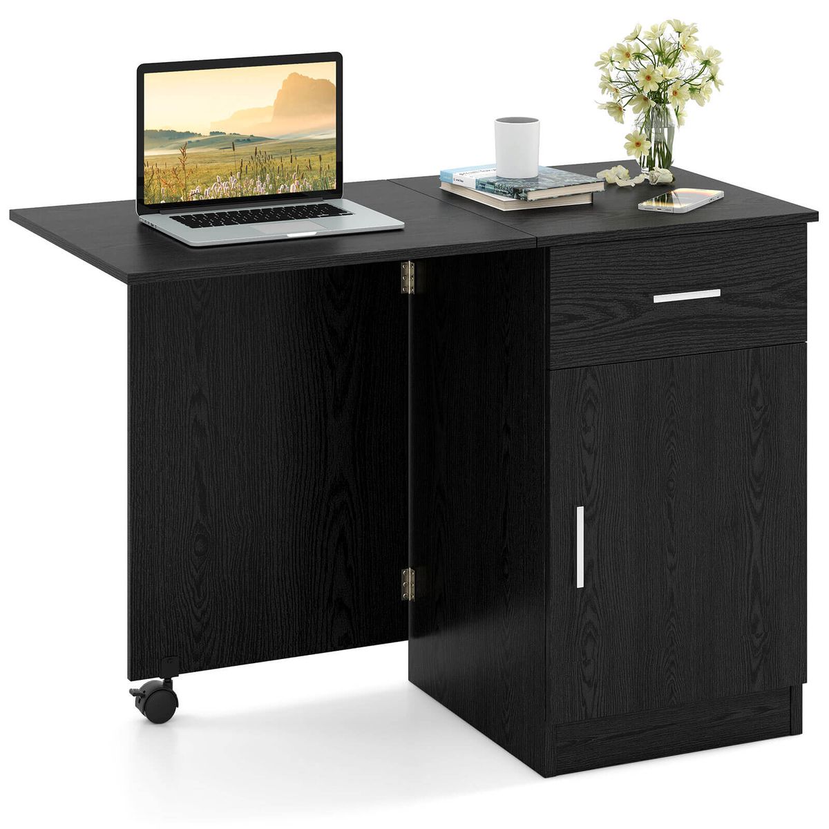 Folding Computer Desk  with Drawer Cabinet  - Computer Desk Black