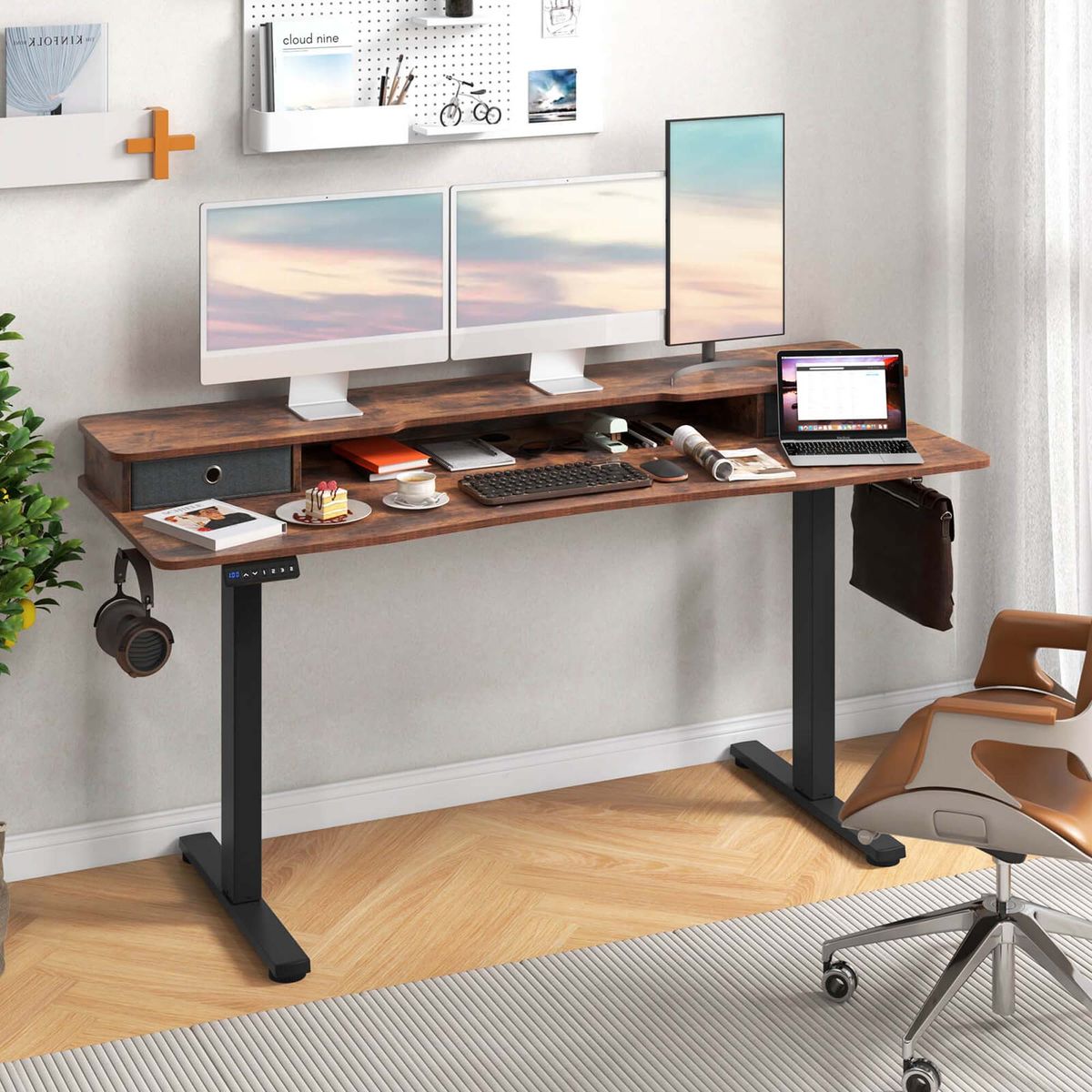63"" x 24"" Electric Standing Desk with 2 Foldable Drawers - Standing Desk -Brown