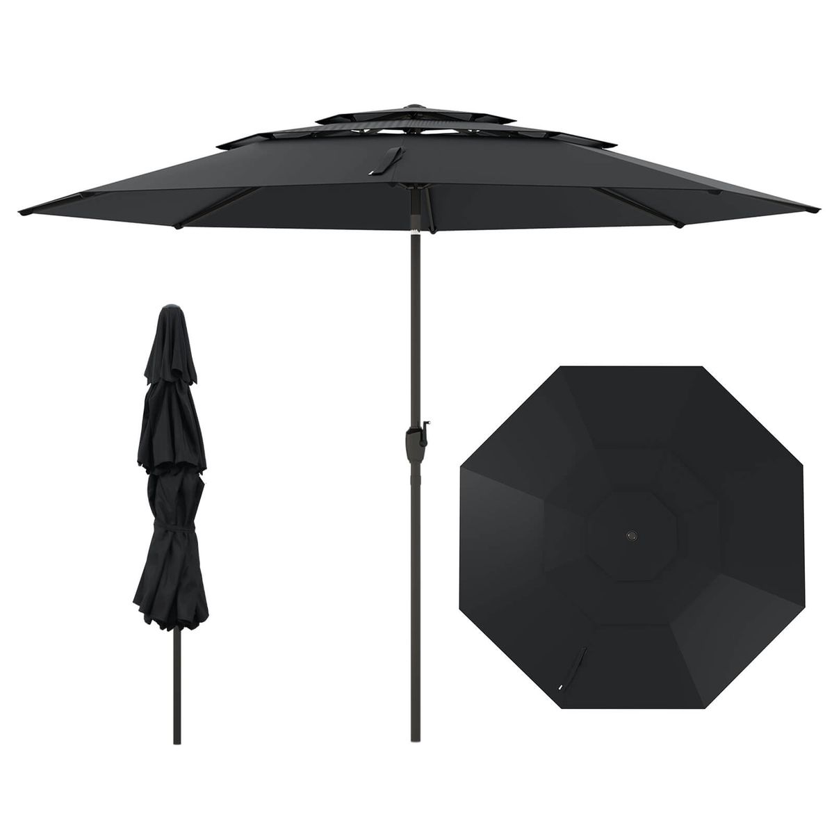 10-Foot 3-Tier Outdoor Vented Patio Umbrella - Patio Umbrella-Black