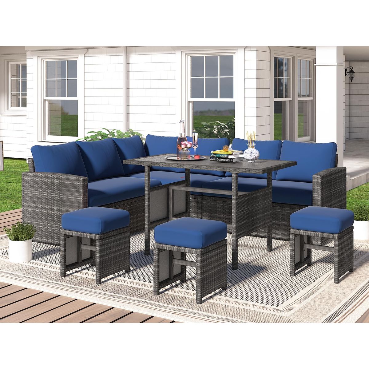 7-Piece Outdoor Sectional Sofa Set - Dark Blue