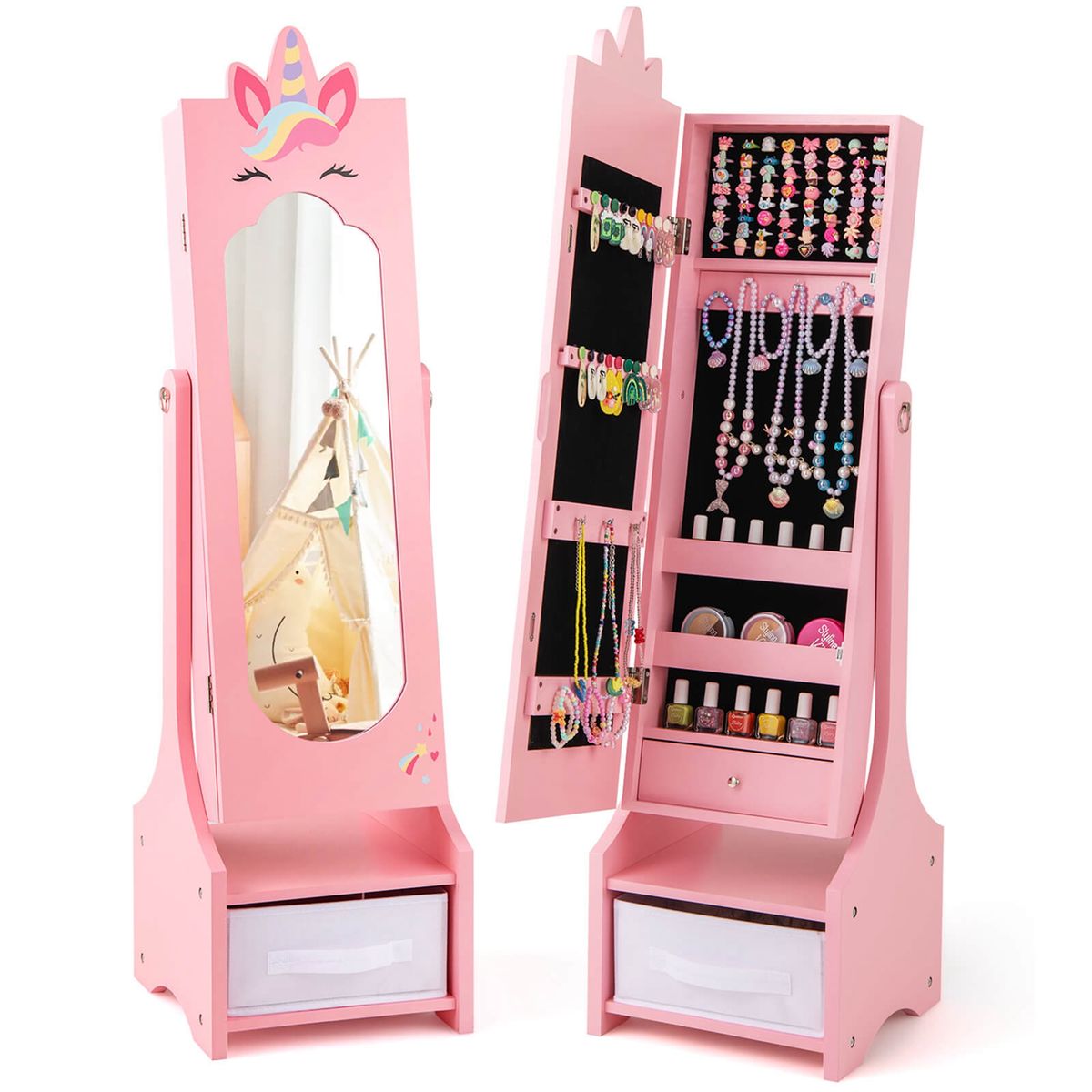 Kids Jewelry Cabinet with Full-Length Mirror  - Pink