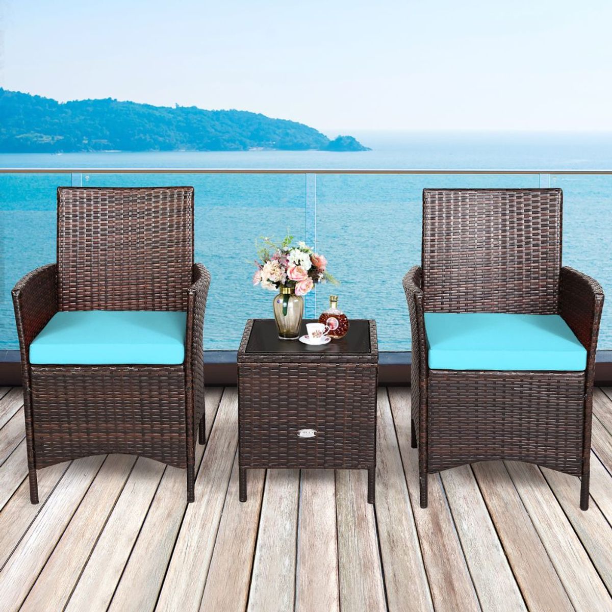 Rattan Wicker Outdoor 3-Piece Table and Chair Set - Turquoise