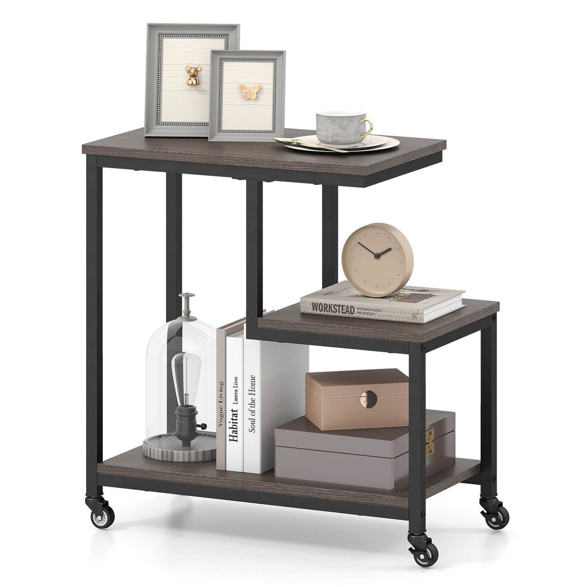 Modern G-Shaped 3-Tier Side Table with Locakable Casters - Gray- 2-Pack