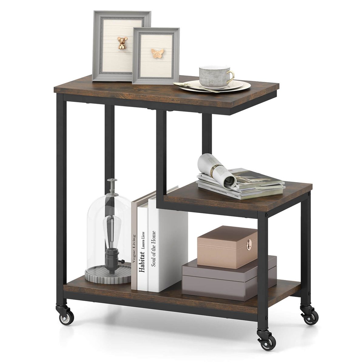 Modern G-Shaped 3-Tier Side Table with Locakable Casters - Brown- 2-Pack