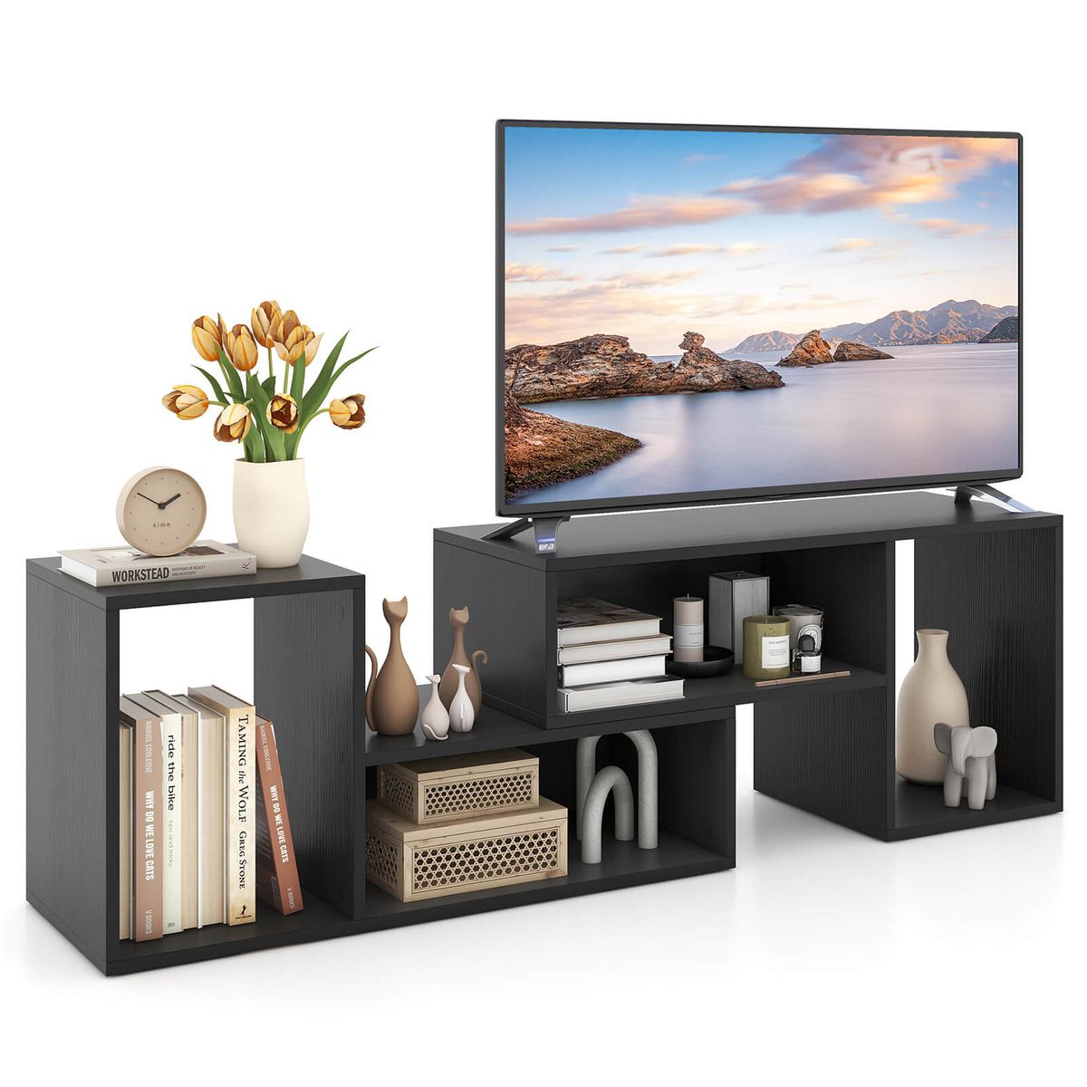 2-Piece Adjustable TV Stand with Storage Cubes - Black