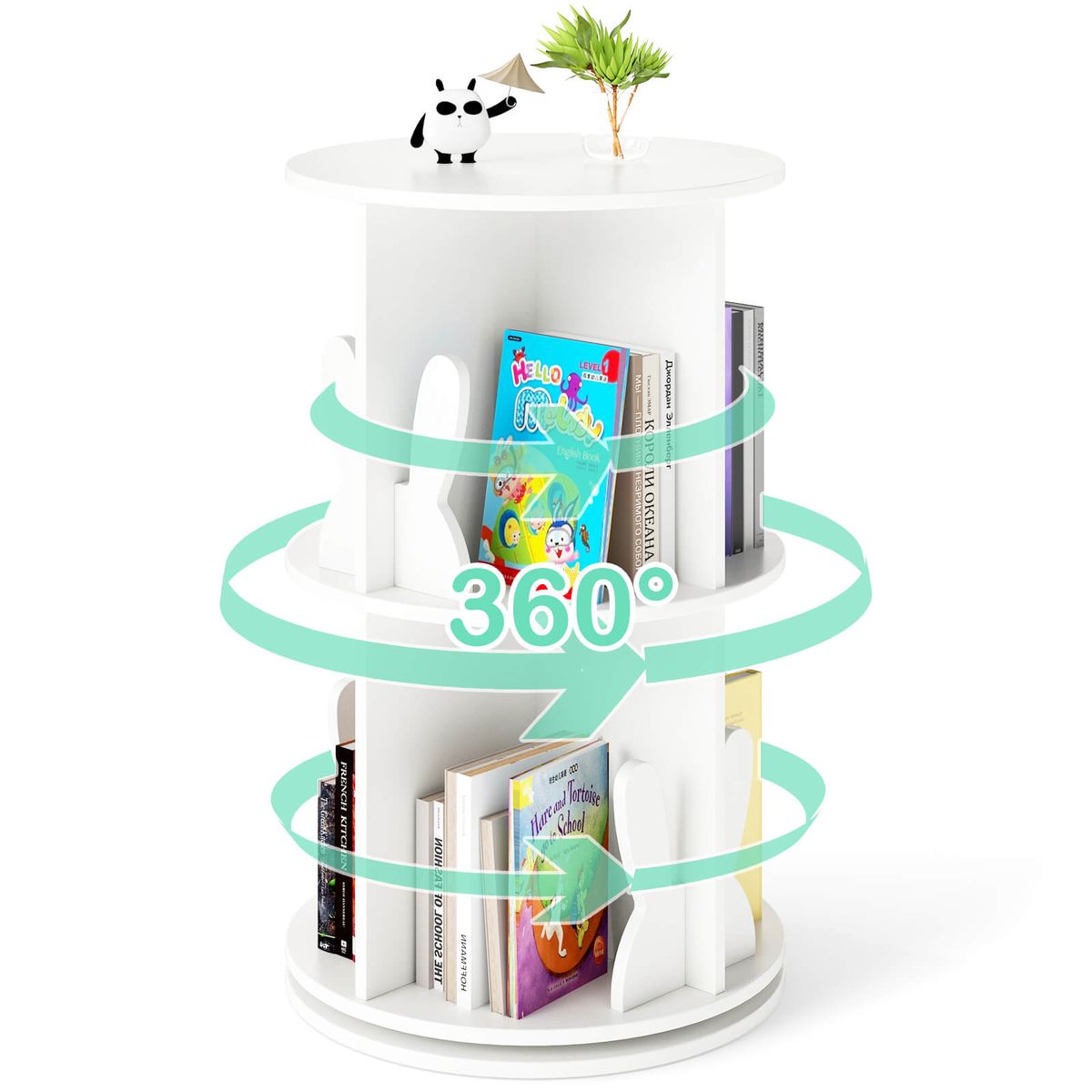 2-Tier Kids Freestanding Rotating Bookshelf with 360° Revolving Display - White