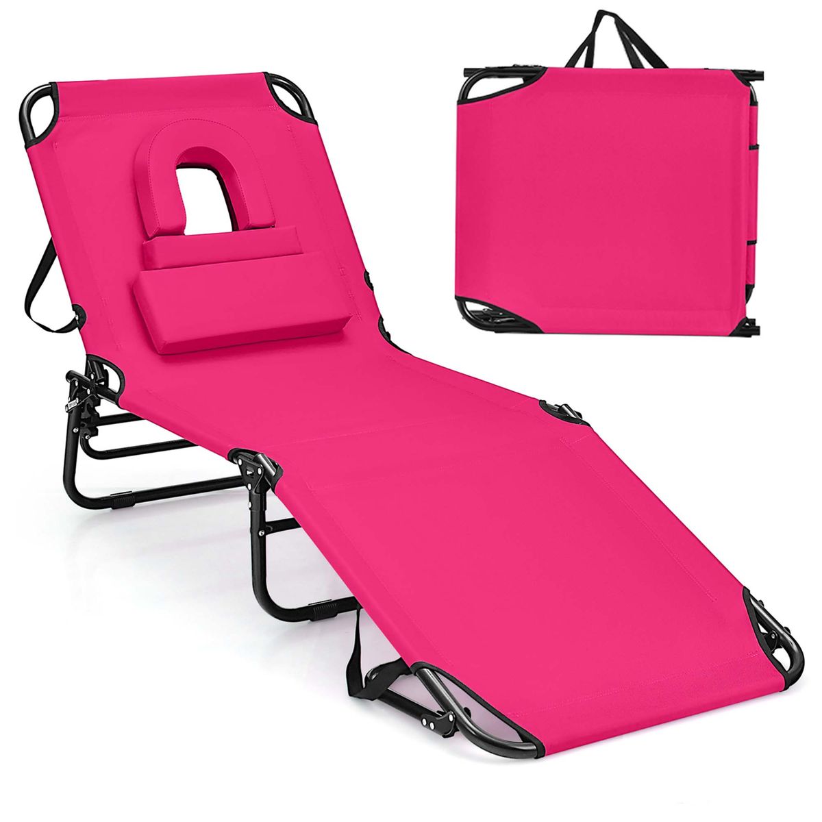 Beach Chaise Lounge with Face Hole Pillows & 5-Position Adjust - Pink