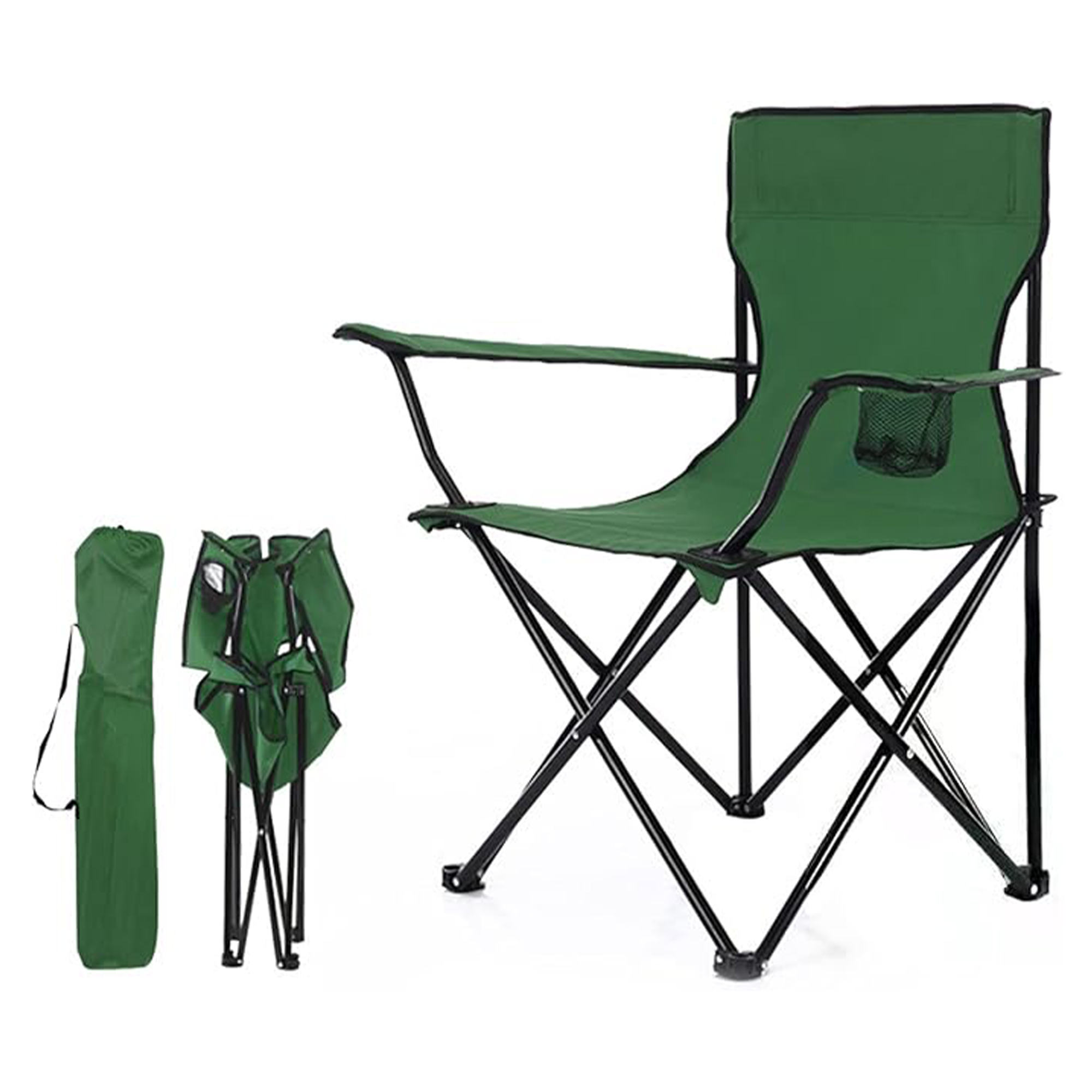 Foldable Camping Chair with Cup Holder and Carrying Case - Green