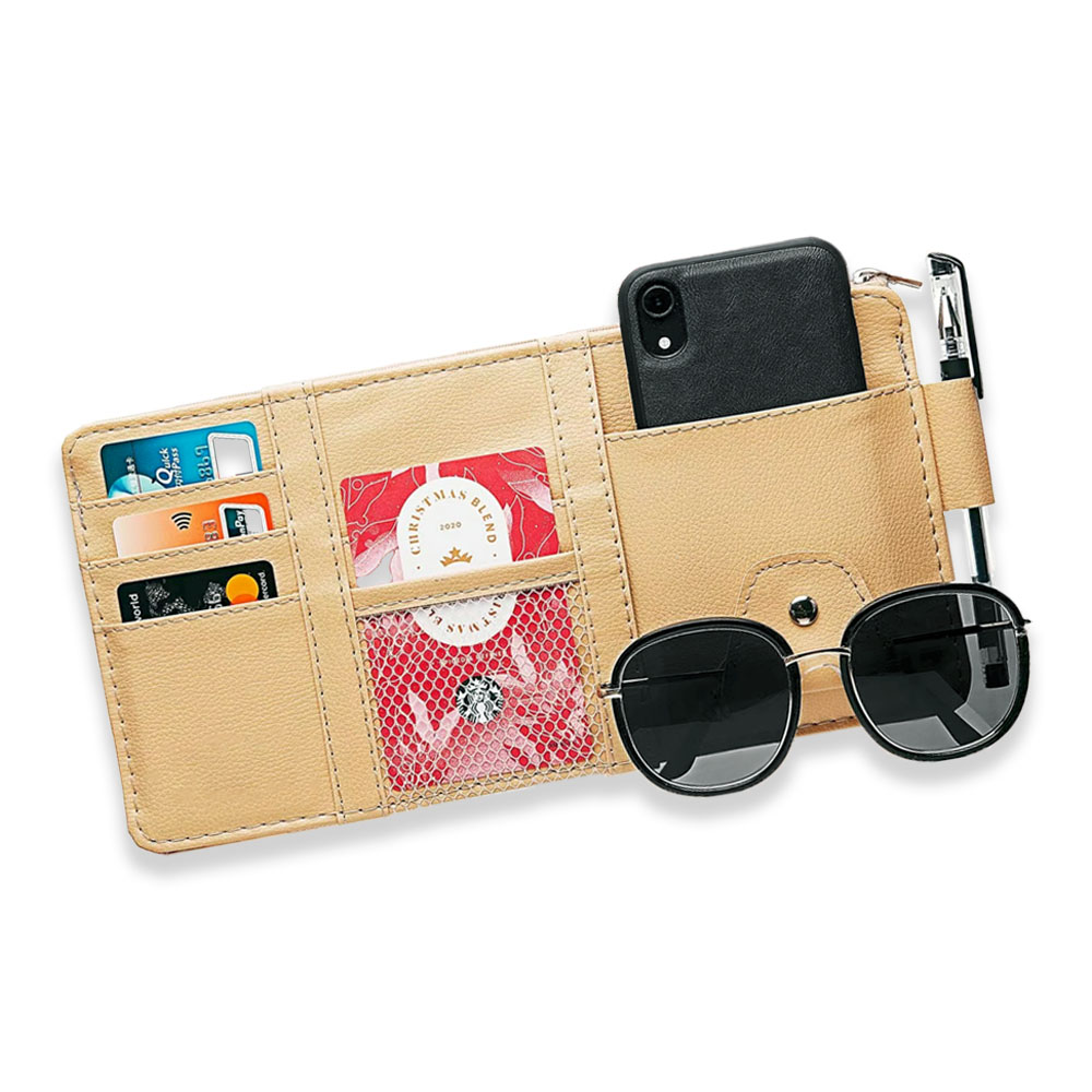 Leather Car Visor Multiple Pocket Organizer Pouch (1- to 5-Pack) - Beige, 2-Pack