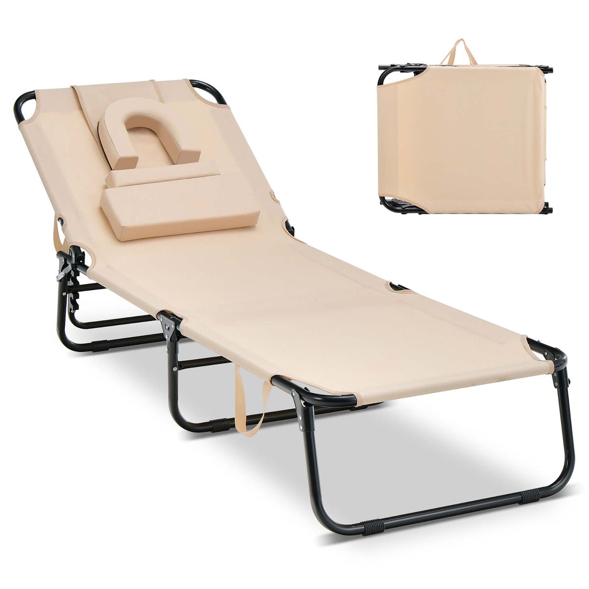 Beach Chaise Lounge with Face Hole Pillows & 5-Position Adjust - Beige