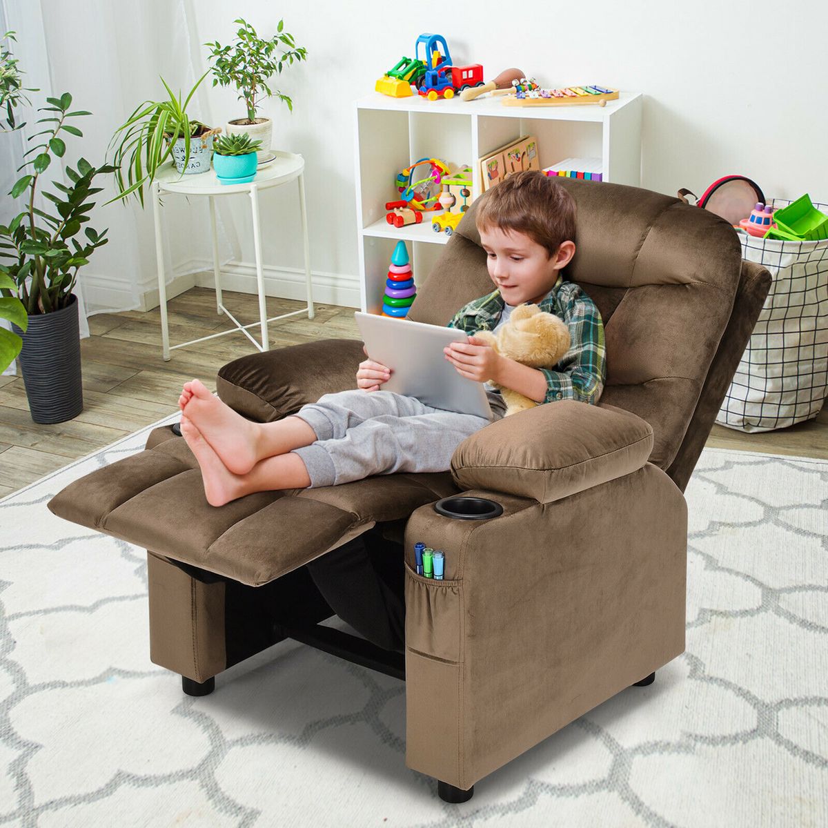 Kids' Velvet Recliner Chair with Cup Holder and Pockets - Kids Recliner Chair -Brown