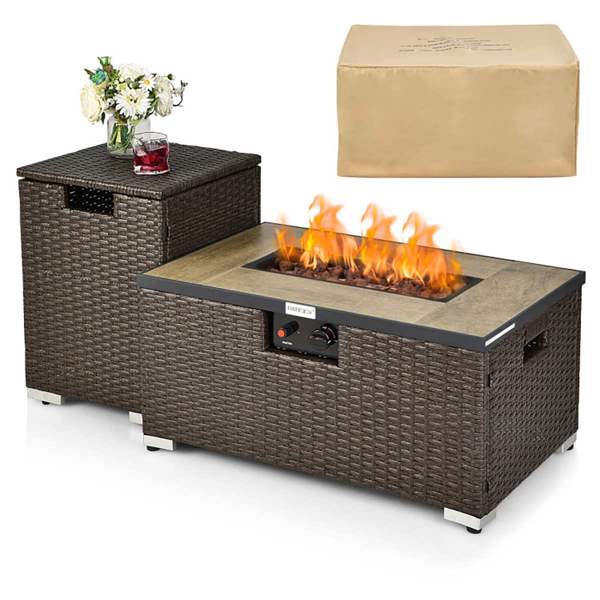 32 x 20-Inch Propane Rattan Fire Pit Table Set with Side Table Tank & Cover - Fire Pit Table Set-Brown