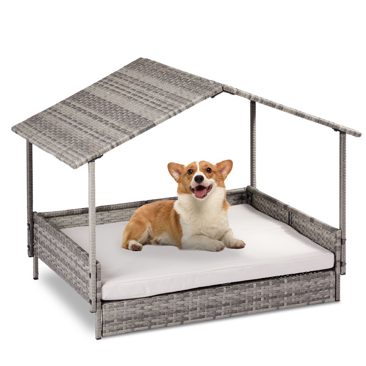 Rattan Dog Bed with Canopy and Washable Cushion Cover - Gray