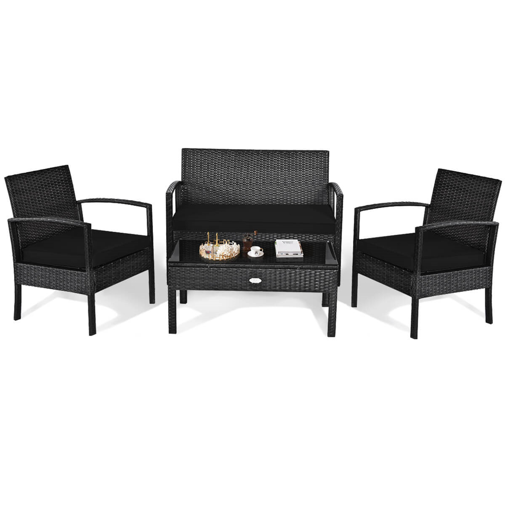 Black Rattan 4-Piece Patio Furniture Set - Rattan Set BK