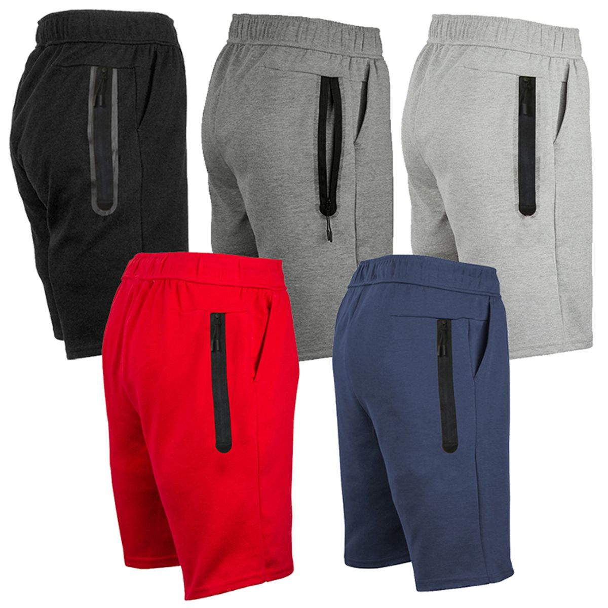 Men's Tech Fleece Shorts with Long Zipper Pocket (5-Pack) - J/MTFS-110-BK-CH-NV-HG-RD - M