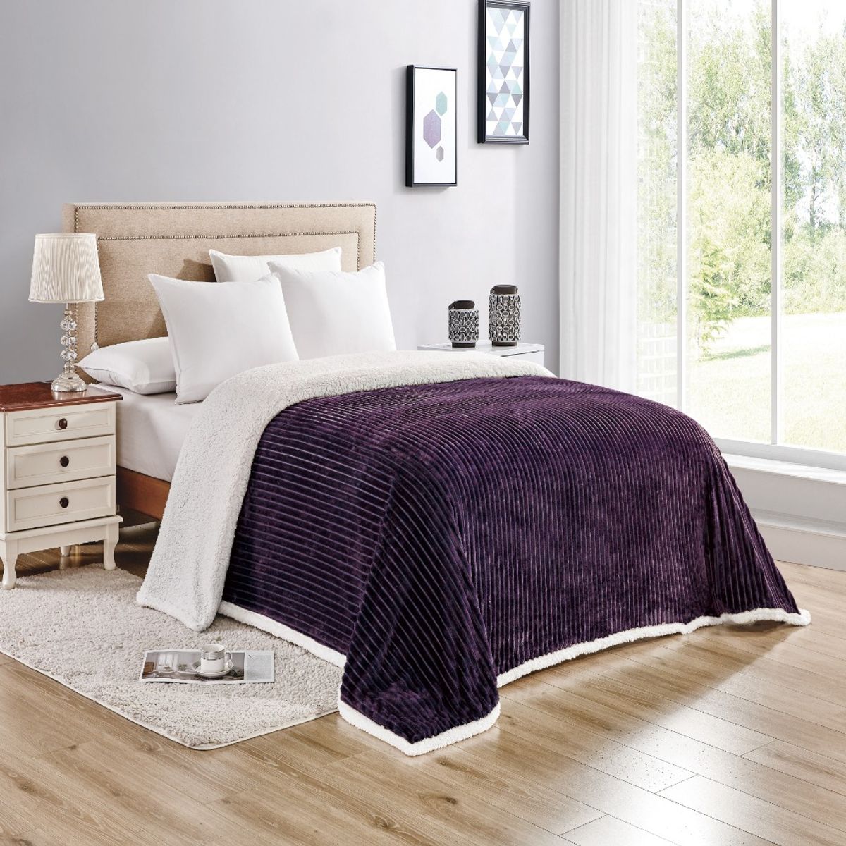 Sheradian Reversible Corduroy Sherpa Blanket - Queen - Purple