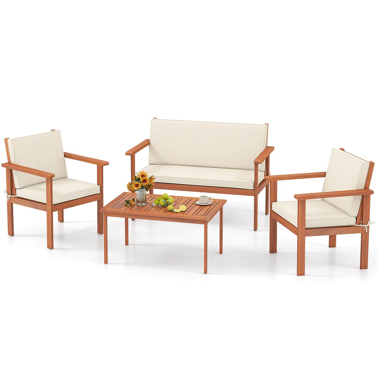 Acacia Wood Conversation Set with Seat and Back Cushions (4- or 8-Piece Set) - Conversation Set-4