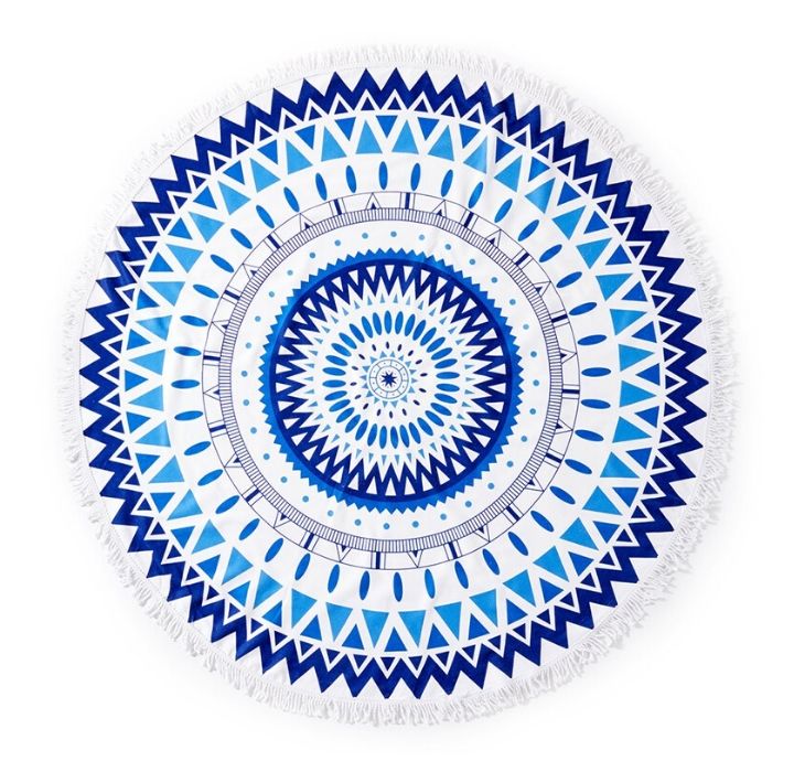 Round 61" Diameter Fringed Beach Towels - Blue Mandala