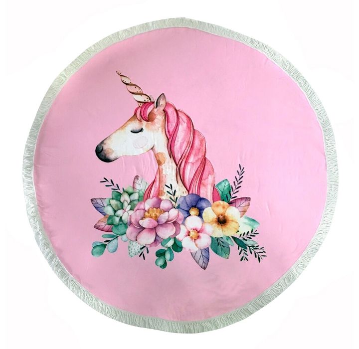 Round 61"" Diameter Fringed Beach Towels - Unicorn
