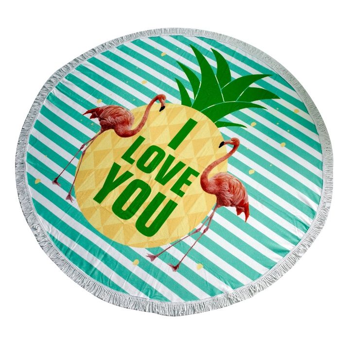 Round 61" Diameter Fringed Beach Towels - Flamingo Pineapple