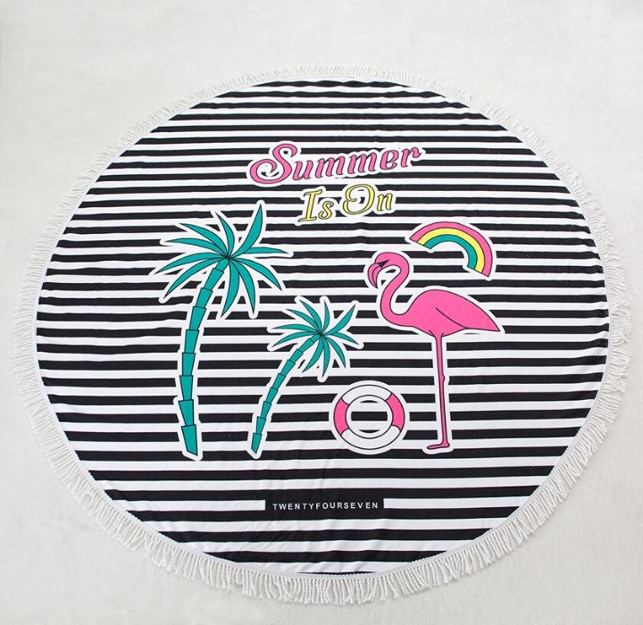 Round 61" Diameter Fringed Beach Towels - Summer Flamingo