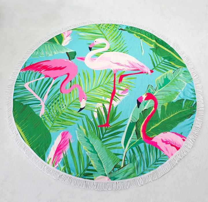 Round 61"" Diameter Fringed Beach Towels - Flamingo