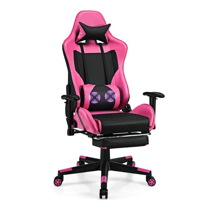 Reclining Massage Rolling Office/Gaming Chair with Footrest - Pink